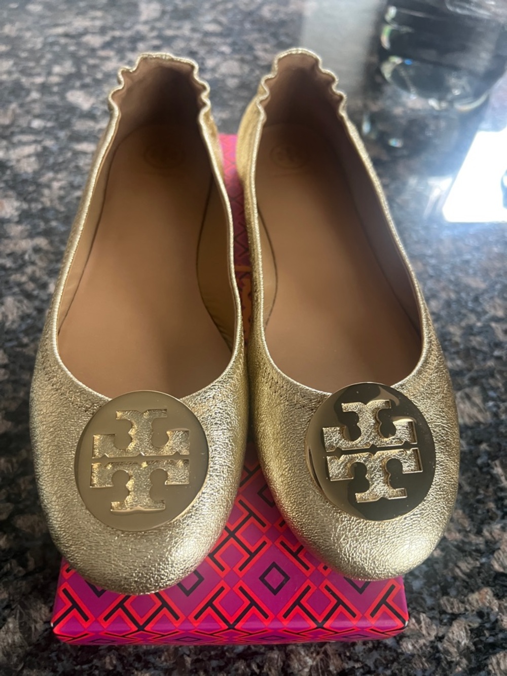Tory Burch Gold Logo Leather Ballet Flats